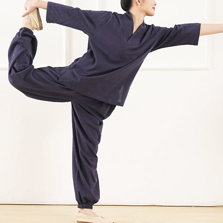 Buddha Stones 2Pcs V-Neck Three Quarter Sleeve Shirt Top Pants Meditation Zen Tai Chi Cotton Linen Clothing Women's Set - image 13