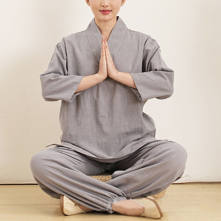 Buddha Stones 2Pcs V-Neck Three Quarter Sleeve Shirt Top Pants Meditation Zen Tai Chi Cotton Linen Clothing Women's Set - image 6