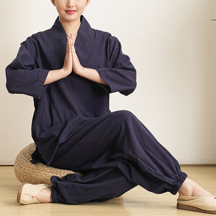 Buddha Stones 2Pcs V-Neck Three Quarter Sleeve Shirt Top Pants Meditation Zen Tai Chi Clothing Women's Set - image 12