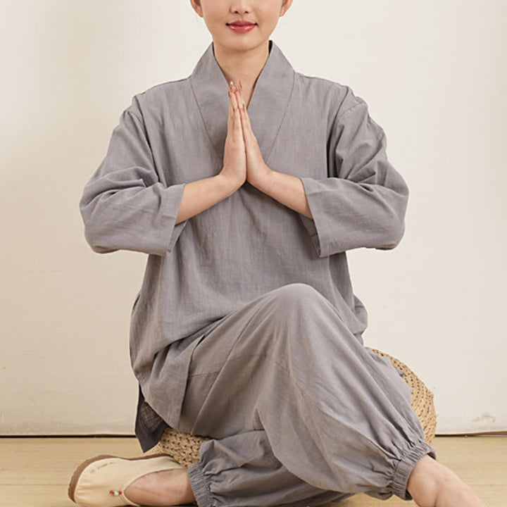 Buddha Stones 2Pcs V-Neck Three Quarter Sleeve Shirt Top Pants Meditation Zen Tai Chi Cotton Linen Clothing Women's Set - image 1