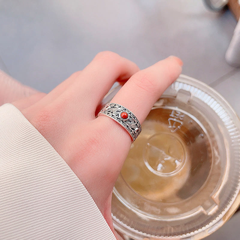 Buddha Stones 925 Sterling Silver Embedded Red Agate Auspicious Clouds Logical Thinking Ring - image 3