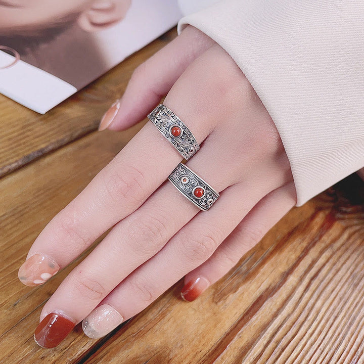 Buddha Stones 925 Sterling Silver Embedded Red Agate Auspicious Clouds Logical Thinking Ring - image 7