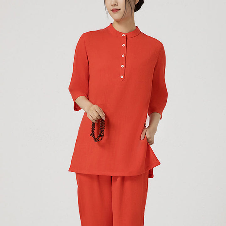 Buddha Stones 2Pcs Buttons Three Quarter Sleeve Shirt Top Pants Meditation Zen Tai Chi Cotton Linen Clothing Women's Set - Red(Top&Pants) - US8-10，UK/AU12-14，EU40-42 (2XL) - image 10