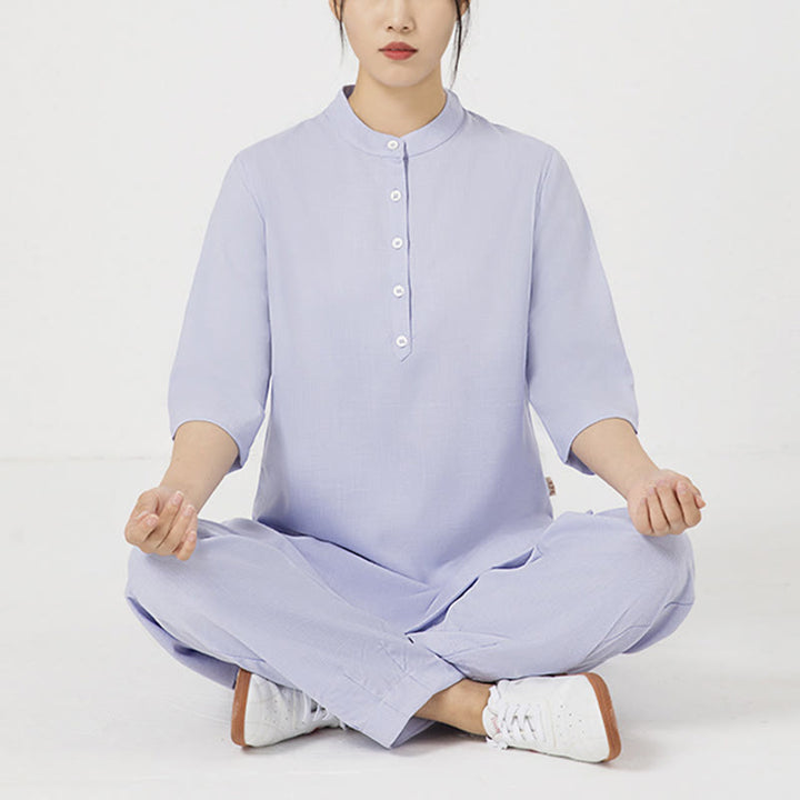 Buddha Stones 2Pcs Buttons Three Quarter Sleeve Shirt Top Pants Meditation Zen Tai Chi Cotton Linen Clothing Women's Set - Purple(Top&Pants) - US8-10，UK/AU12-14，EU40-42 (2XL) - image 4
