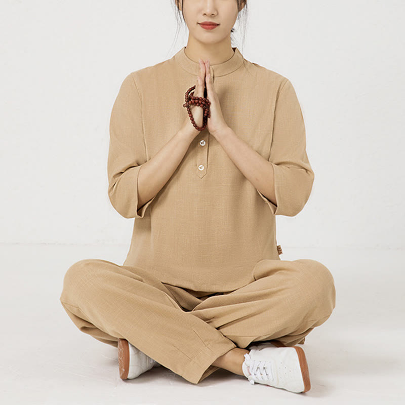 Buddha Stones 2Pcs Buttons Three Quarter Sleeve Shirt Top Pants Meditation Zen Tai Chi Cotton Linen Clothing Women's Set - Brown(Top&Pants) - US8-10，UK/AU12-14，EU40-42 (2XL) - image 16