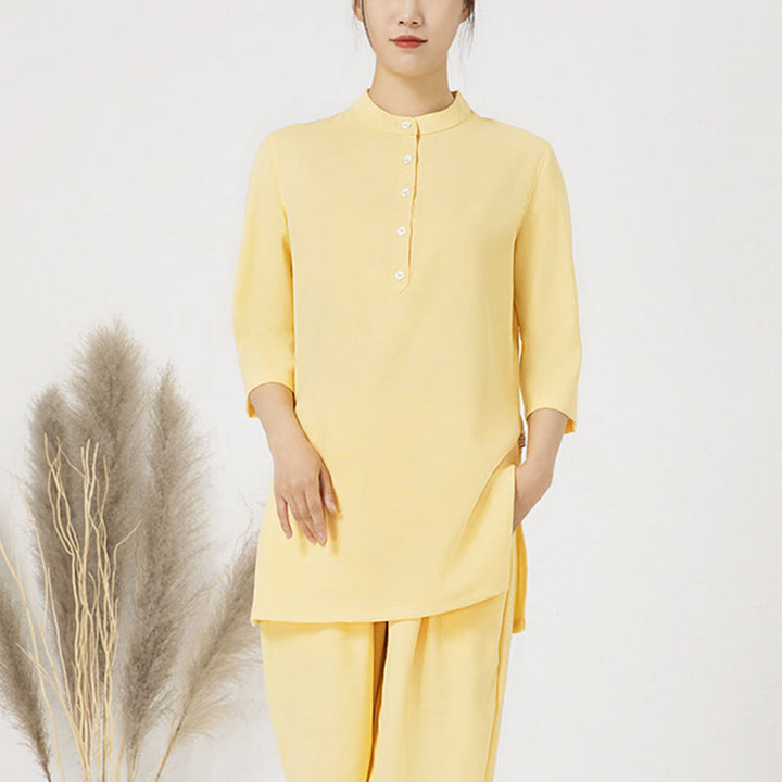 Buddha Stones 2Pcs Buttons Three Quarter Sleeve Shirt Top Pants Meditation Zen Tai Chi Cotton Linen Clothing Women's Set - Yellow(Top&Pants) - US8-10，UK/AU12-14，EU40-42 (2XL) - image 8