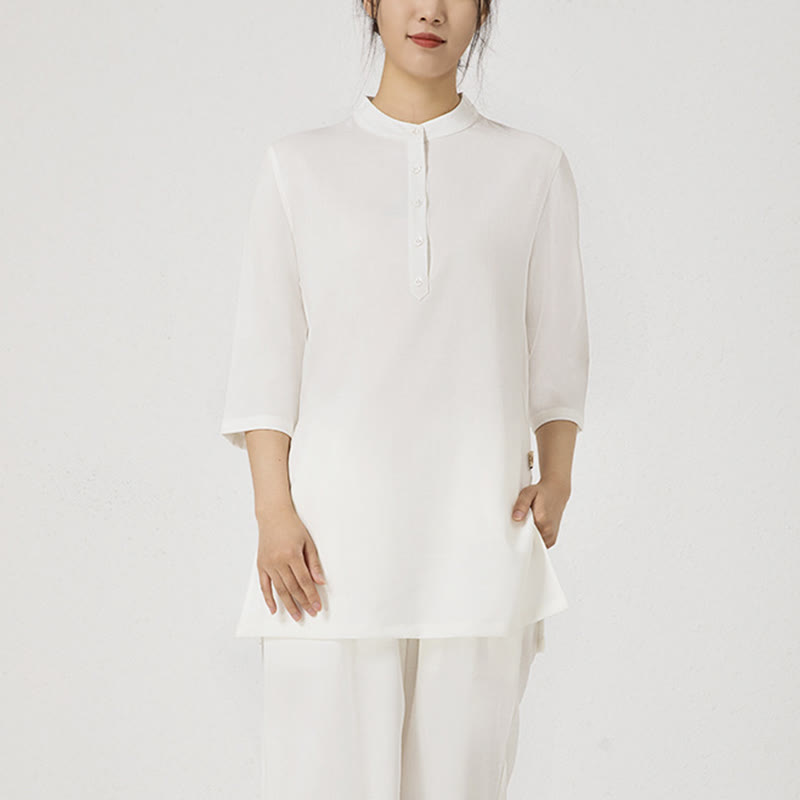 Buddha Stones 2Pcs Buttons Three Quarter Sleeve Shirt Top Pants Meditation Zen Tai Chi Cotton Linen Clothing Women's Set - image 1