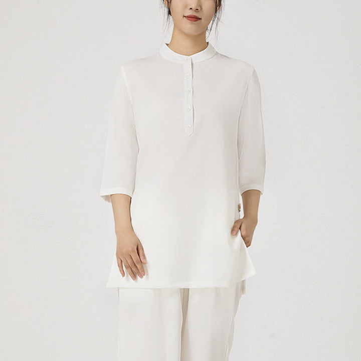 Buddha Stones 2Pcs Buttons Three Quarter Sleeve Shirt Top Pants Meditation Zen Tai Chi Cotton Linen Clothing Women's Set - image 1