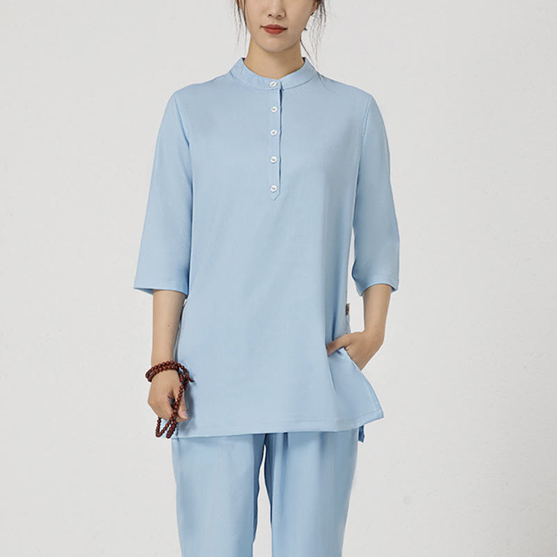 Buddha Stones 2Pcs Buttons Three Quarter Sleeve Shirt Top Pants Meditation Zen Tai Chi Cotton Linen Clothing Women's Set - Blue(Top&Pants) - US8-10，UK/AU12-14，EU40-42 (2XL) - image 13