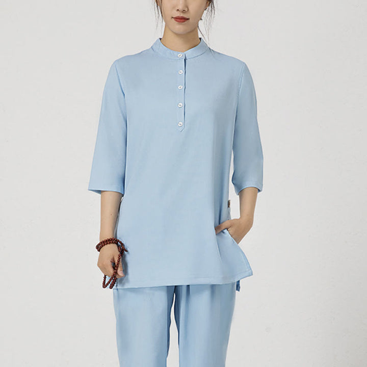Buddha Stones 2Pcs Buttons Three Quarter Sleeve Shirt Top Pants Meditation Zen Tai Chi Cotton Linen Clothing Women's Set - Blue(Top&Pants) - US8-10，UK/AU12-14，EU40-42 (2XL) - image 13
