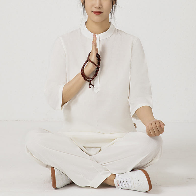 Buddha Stones 2Pcs Buttons Three Quarter Sleeve Shirt Top Pants Meditation Zen Tai Chi Cotton Linen Clothing Women's Set - White(Top&Pants) - US8-10，UK/AU12-14，EU40-42 (2XL) - image 0