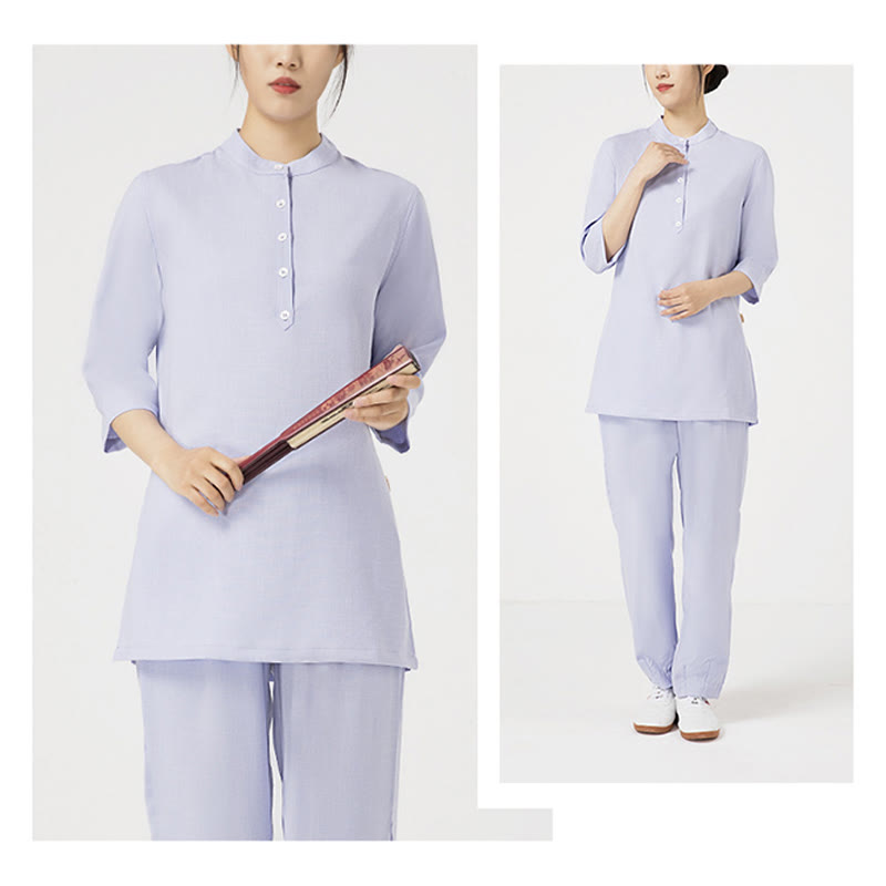 Buddha Stones 2Pcs Buttons Three Quarter Sleeve Shirt Top Pants Meditation Zen Tai Chi Cotton Linen Clothing Women's Set - image 5