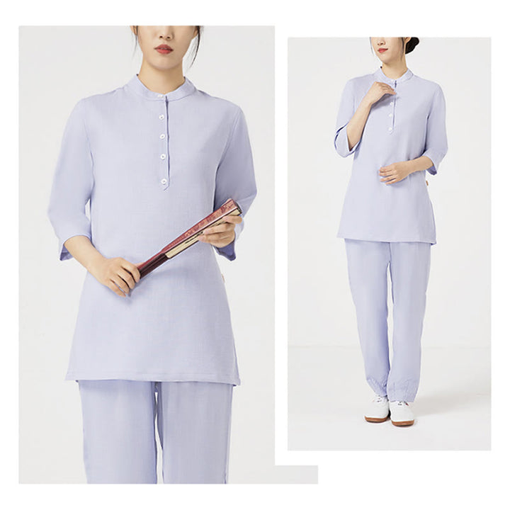 Buddha Stones 2Pcs Buttons Three Quarter Sleeve Shirt Top Pants Meditation Zen Tai Chi Cotton Linen Clothing Women's Set - image 5