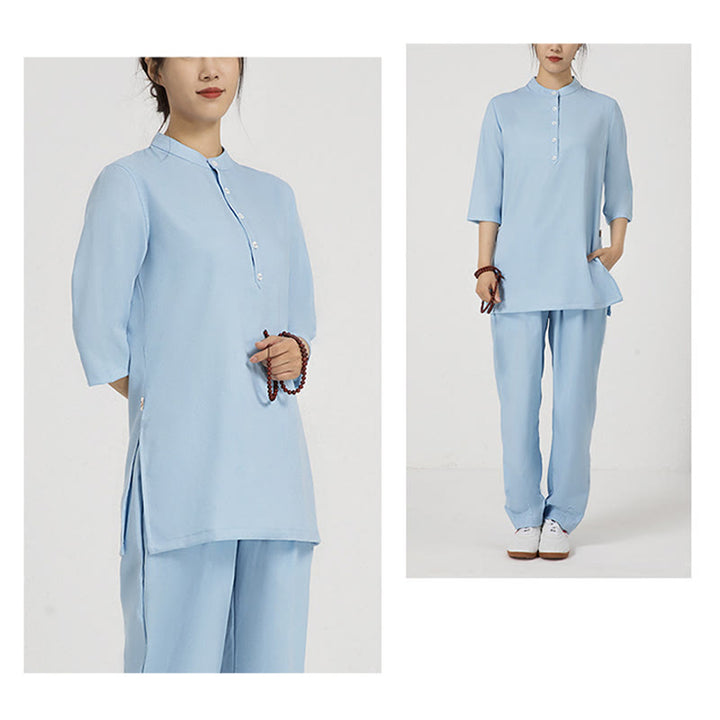 Buddha Stones 2Pcs Buttons Three Quarter Sleeve Shirt Top Pants Meditation Zen Tai Chi Cotton Linen Clothing Women's Set - image 15