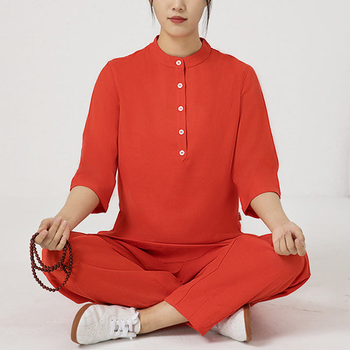 Buddha Stones 2Pcs Buttons Three Quarter Sleeve Shirt Top Pants Meditation Zen Tai Chi Cotton Linen Clothing Women's Set - image 11