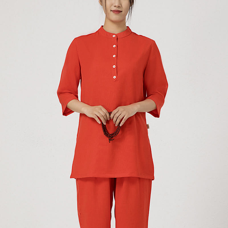 Buddha Stones 2Pcs Buttons Three Quarter Sleeve Shirt Top Pants Meditation Zen Tai Chi Cotton Linen Clothing Women's Set - image 12