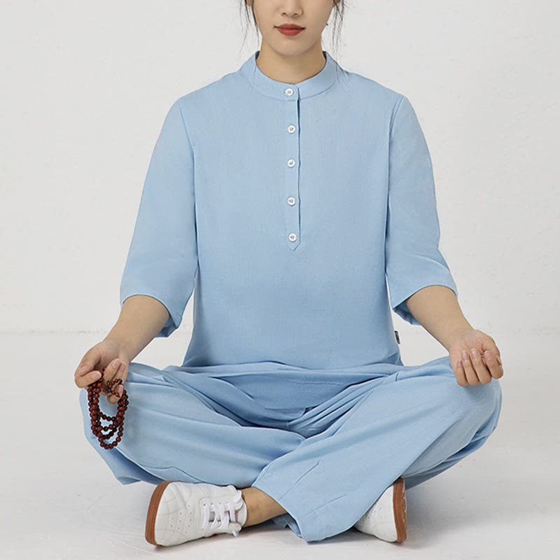 Buddha Stones 2Pcs Buttons Three Quarter Sleeve Shirt Top Pants Meditation Zen Tai Chi Cotton Linen Clothing Women's Set - image 14