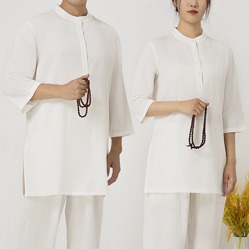 Buddha Stones 2Pcs Buttons Three Quarter Sleeve Shirt Top Pants Meditation Zen Tai Chi Cotton Linen Clothing Women's Set - image 2