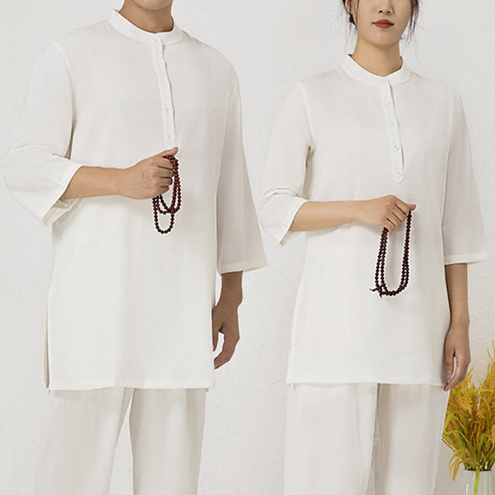Buddha Stones 2Pcs Buttons Three Quarter Sleeve Shirt Top Pants Meditation Zen Tai Chi Cotton Linen Clothing Women's Set - image 2