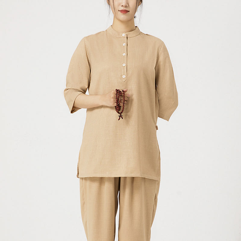 Buddha Stones 2Pcs Buttons Three Quarter Sleeve Shirt Top Pants Meditation Zen Tai Chi Cotton Linen Clothing Women's Set - image 17