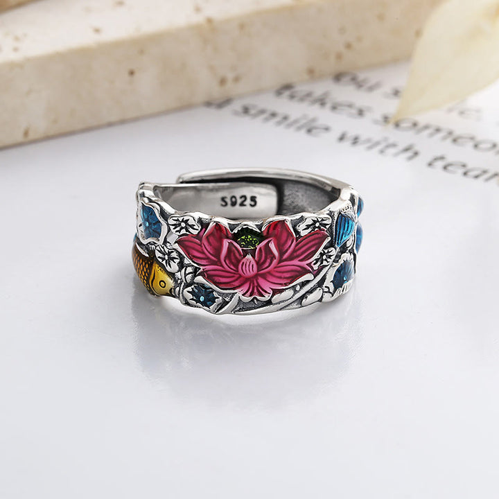 Buddha Stones 925 Sterling Silver Koi Fish Lotus Flower Prosperity Ring - image 2