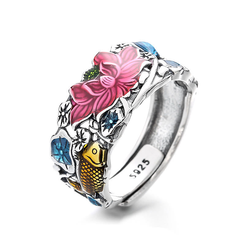 Buddha Stones 925 Sterling Silver Koi Fish Lotus Flower Prosperity Ring - Lotus Koi Fish Colored About 4.3g(Adjustable) - image 3