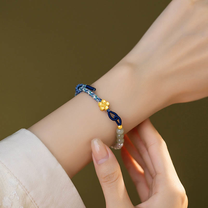 Buddha Stones 925 Sterling Silver Hetian Jade Peach Blossom Flower Pearl Braided Luck Bracelet - image 6