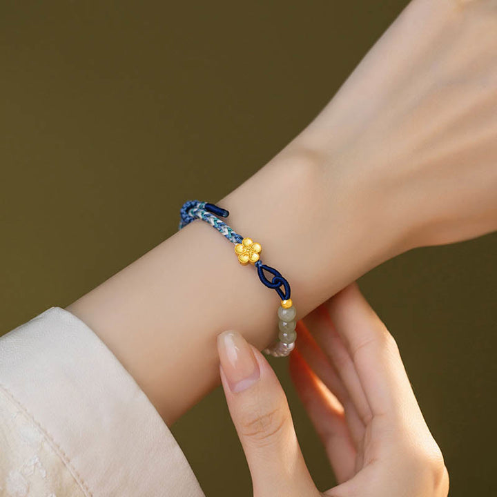 Buddha Stones 925 Sterling Silver Hetian Jade Peach Blossom Flower Pearl Braided Luck Bracelet - image 6