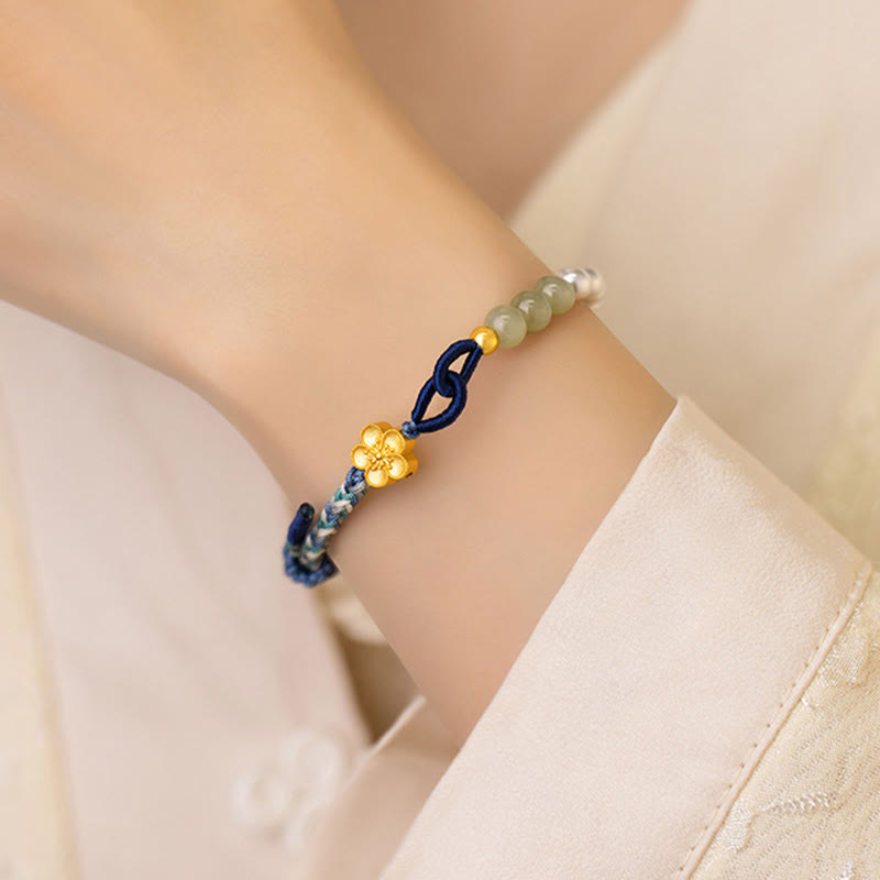Buddha Stones 925 Sterling Silver Hetian Jade Peach Blossom Flower Pearl Braided Luck Bracelet - image 3