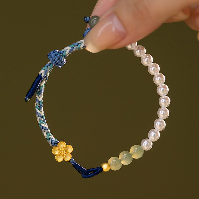 Buddha Stones 925 Sterling Silver Hetian Jade Peach Blossom Flower Pearl Braided Luck Bracelet - image 4