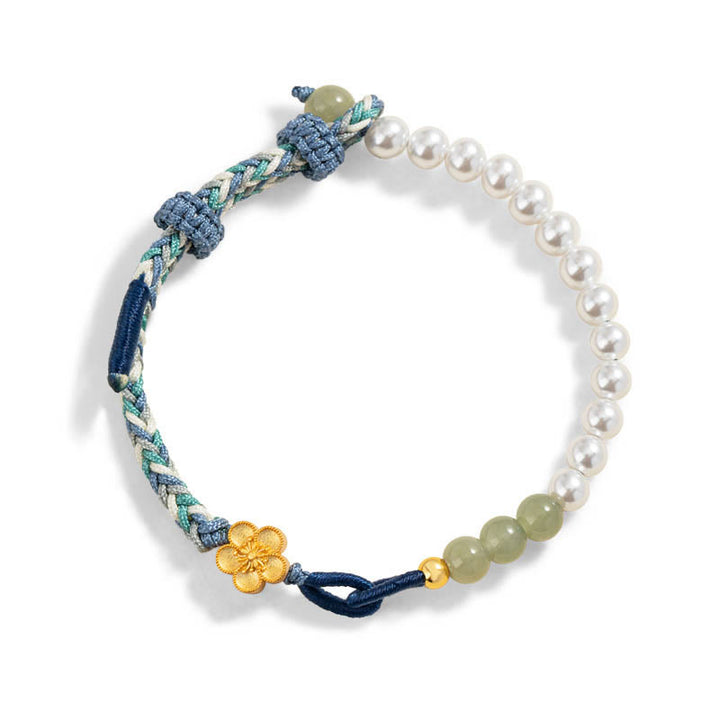 Buddha Stones 925 Sterling Silver Hetian Jade Peach Blossom Flower Pearl Braided Luck Bracelet - image 2