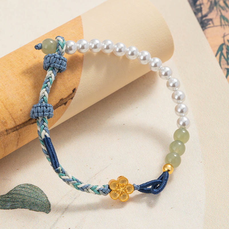 Buddha Stones 925 Sterling Silver Hetian Jade Peach Blossom Flower Pearl Braided Luck Bracelet - image 1