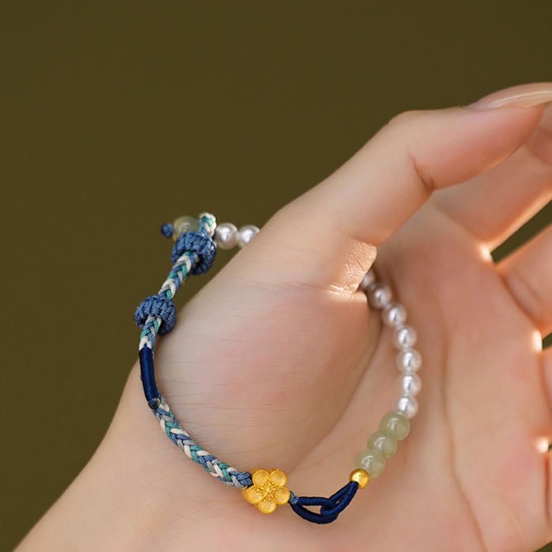 Buddha Stones 925 Sterling Silver Hetian Jade Peach Blossom Flower Pearl Braided Luck Bracelet - image 7