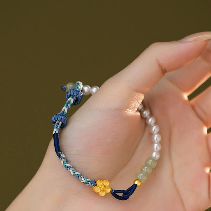 Buddha Stones 925 Sterling Silver Hetian Jade Peach Blossom Flower Pearl Braided Luck Bracelet - image 7