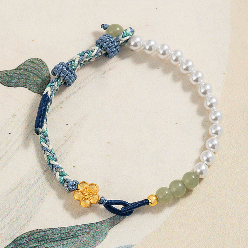 Buddha Stones 925 Sterling Silver Hetian Jade Peach Blossom Flower Pearl Braided Luck Bracelet - Peach Blossom(Wrist Circumference 14-21cm) - image 0