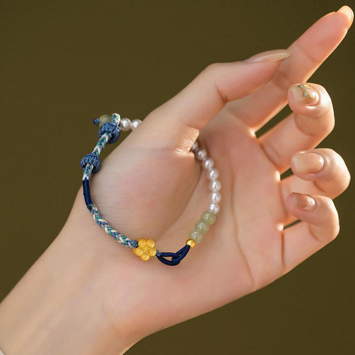 Buddha Stones 925 Sterling Silver Hetian Jade Peach Blossom Flower Pearl Braided Luck Bracelet - image 5