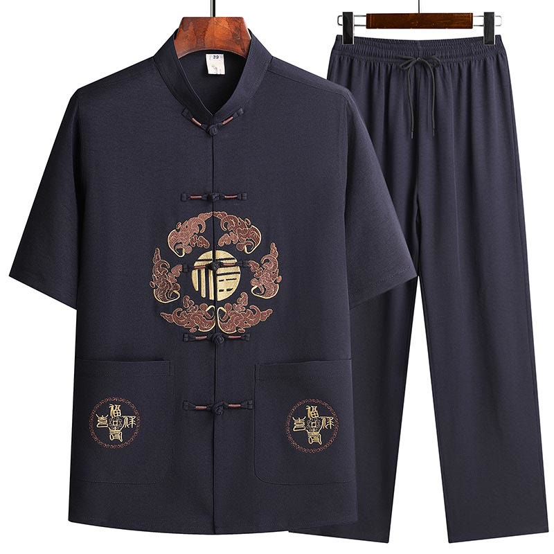 Buddha Stones Fu Character Tang Suit Hanfu Traditional Uniform Short Sleeve Top Pants Clothing Men's Set - Navy Blue(Top&Pants) - US/UK/AU42，EU52 (3XL)  - image 18