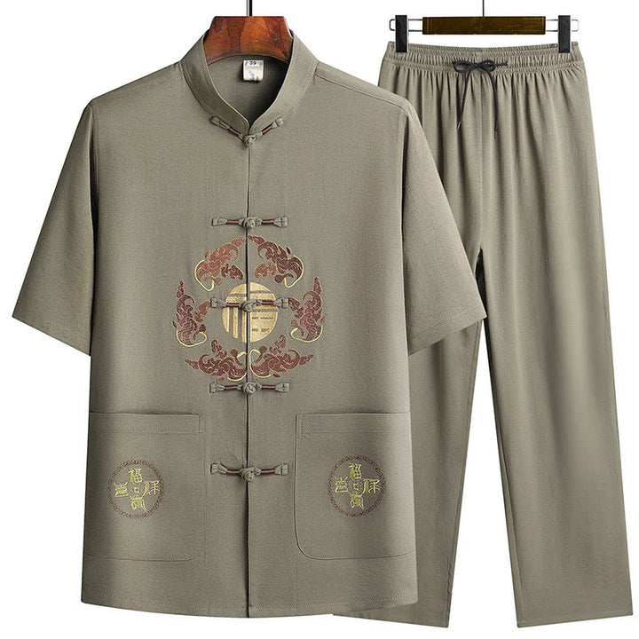 Buddha Stones Fu Character Tang Suit Hanfu Traditional Uniform Short Sleeve Top Pants Clothing Men's Set - Army Green(Top&Pants) - US/UK/AU42，EU52 (3XL)  - image 24