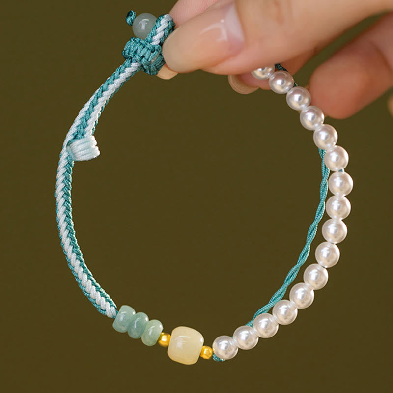 Buddha Stones 925 Sterling Silver Hetian Jade Braided Rope Pearl Abundance Bracelet - image 8