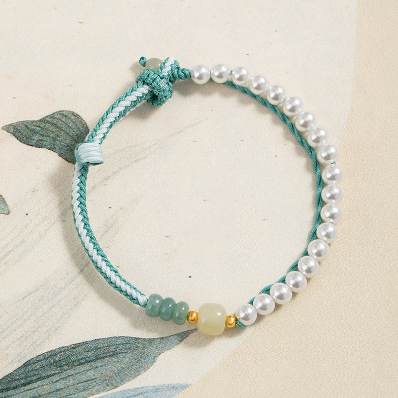 Buddha Stones 925 Sterling Silver Hetian Jade Braided Rope Pearl Abundance Bracelet - Hetian Jade&Pearl(Wrist Circumference 14-22cm) - image 0
