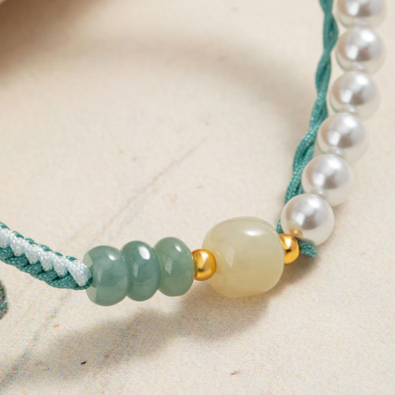 Buddha Stones 925 Sterling Silver Hetian Jade Braided Rope Pearl Abundance Bracelet - image 2