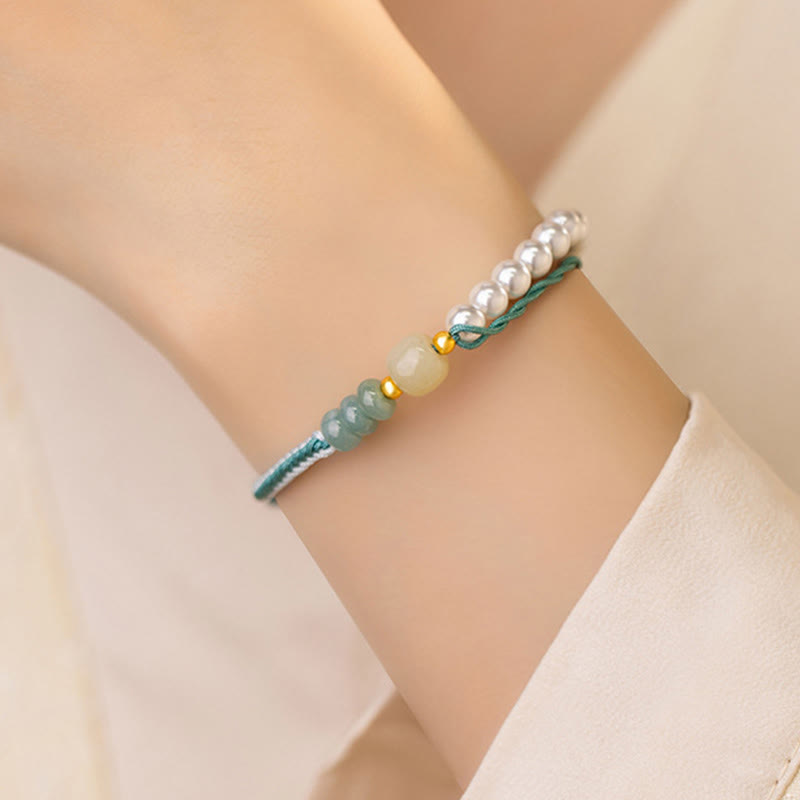 Buddha Stones 925 Sterling Silver Hetian Jade Braided Rope Pearl Abundance Bracelet - image 4