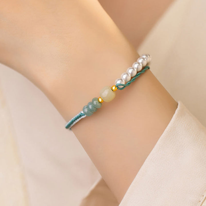 Buddha Stones 925 Sterling Silver Hetian Jade Braided Rope Pearl Abundance Bracelet - image 4