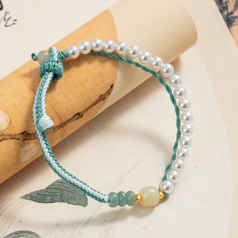 Buddha Stones 925 Sterling Silver Hetian Jade Braided Rope Pearl Abundance Bracelet - image 1