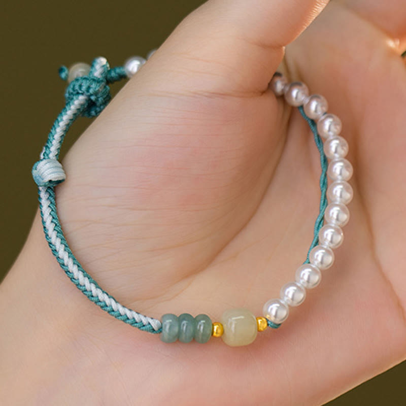 Buddha Stones 925 Sterling Silver Hetian Jade Braided Rope Pearl Abundance Bracelet - image 6