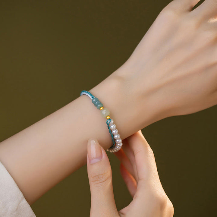 Buddha Stones 925 Sterling Silver Hetian Jade Braided Rope Pearl Abundance Bracelet - image 5