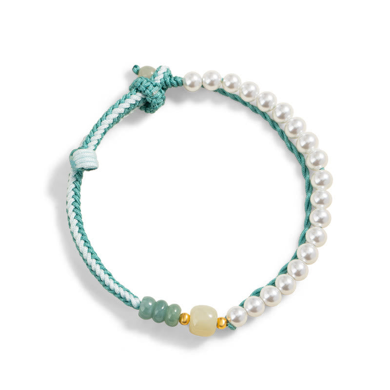 Buddha Stones 925 Sterling Silver Hetian Jade Braided Rope Pearl Abundance Bracelet - image 3
