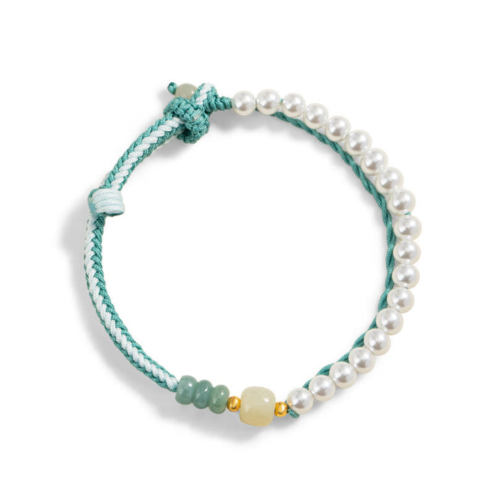 Buddha Stones 925 Sterling Silver Hetian Jade Braided Rope Pearl Abundance Bracelet - image 3