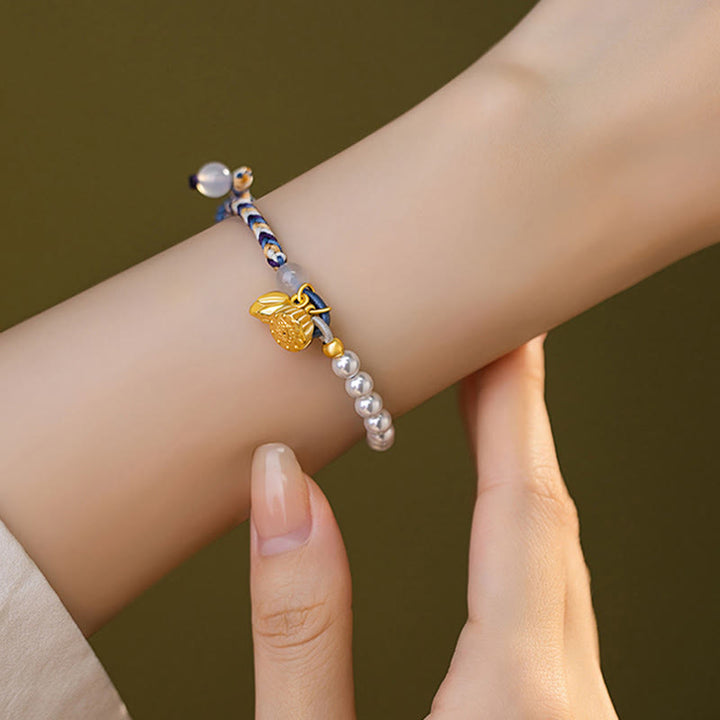 Buddha Stones 925 Sterling Silver Lotus Pearl Colorful Rope Chalcedony Prosperity Bracelet - image 2