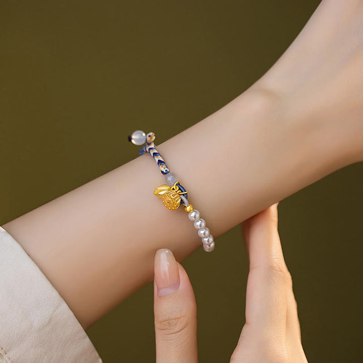 Buddha Stones 925 Sterling Silver Lotus Pearl Colorful Rope Chalcedony Prosperity Bracelet - image 3